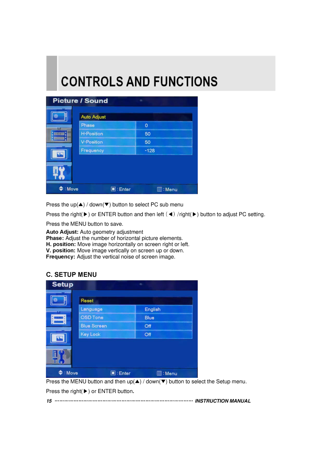 Orion 15RTC instruction manual Setup Menu 