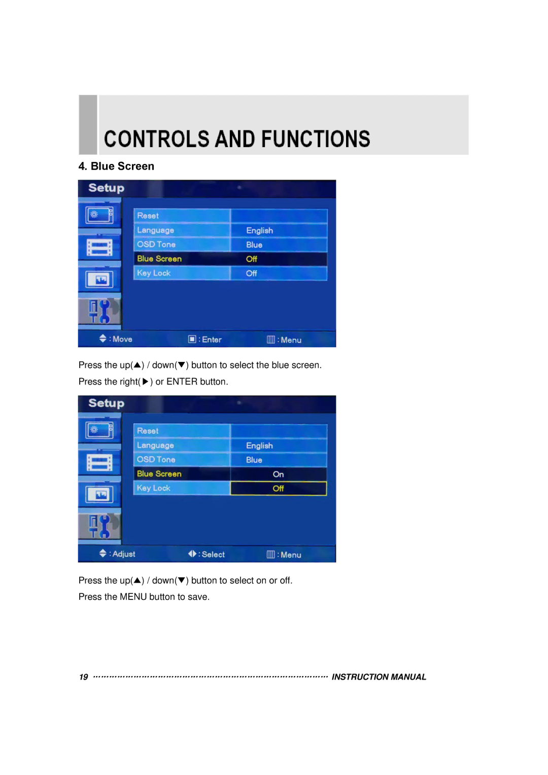 Orion 15RTC instruction manual Blue Screen 