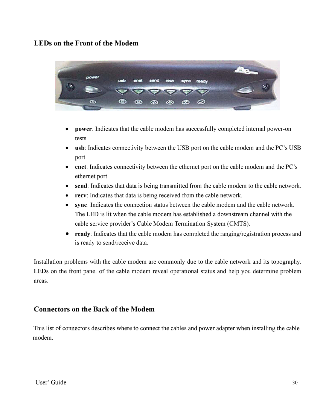 Orion 2000 manual LEDs on the Front of the Modem, Connectors on the Back of the Modem 