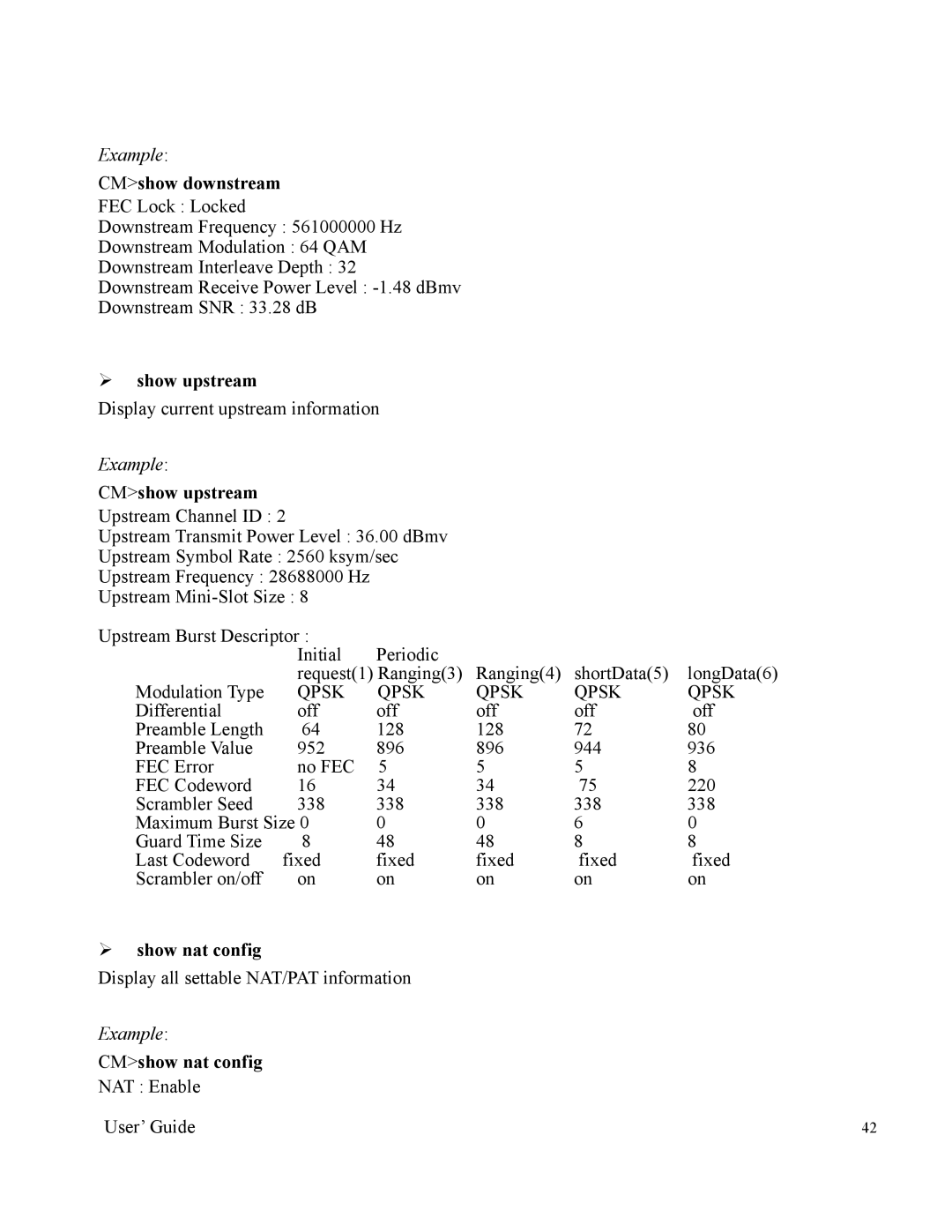 Orion 2000 manual CMshow downstream, ¾ show upstream, CMshow upstream, ¾ show nat config, CMshow nat config 