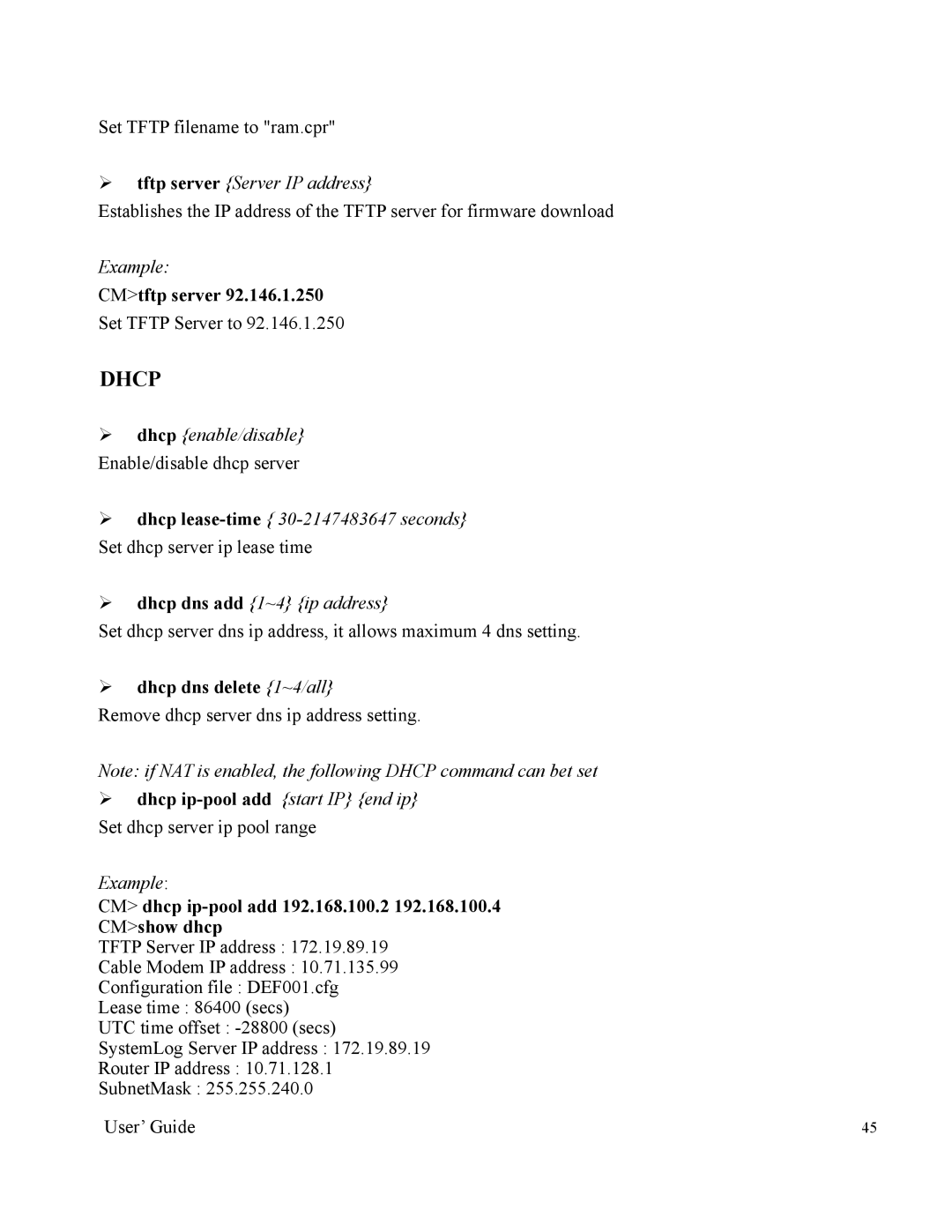 Orion 2000 manual CMtftp server, ¾ dhcp dns delete 1~4/all, CM dhcp ip-pool add 192.168.100.2 CMshow dhcp 