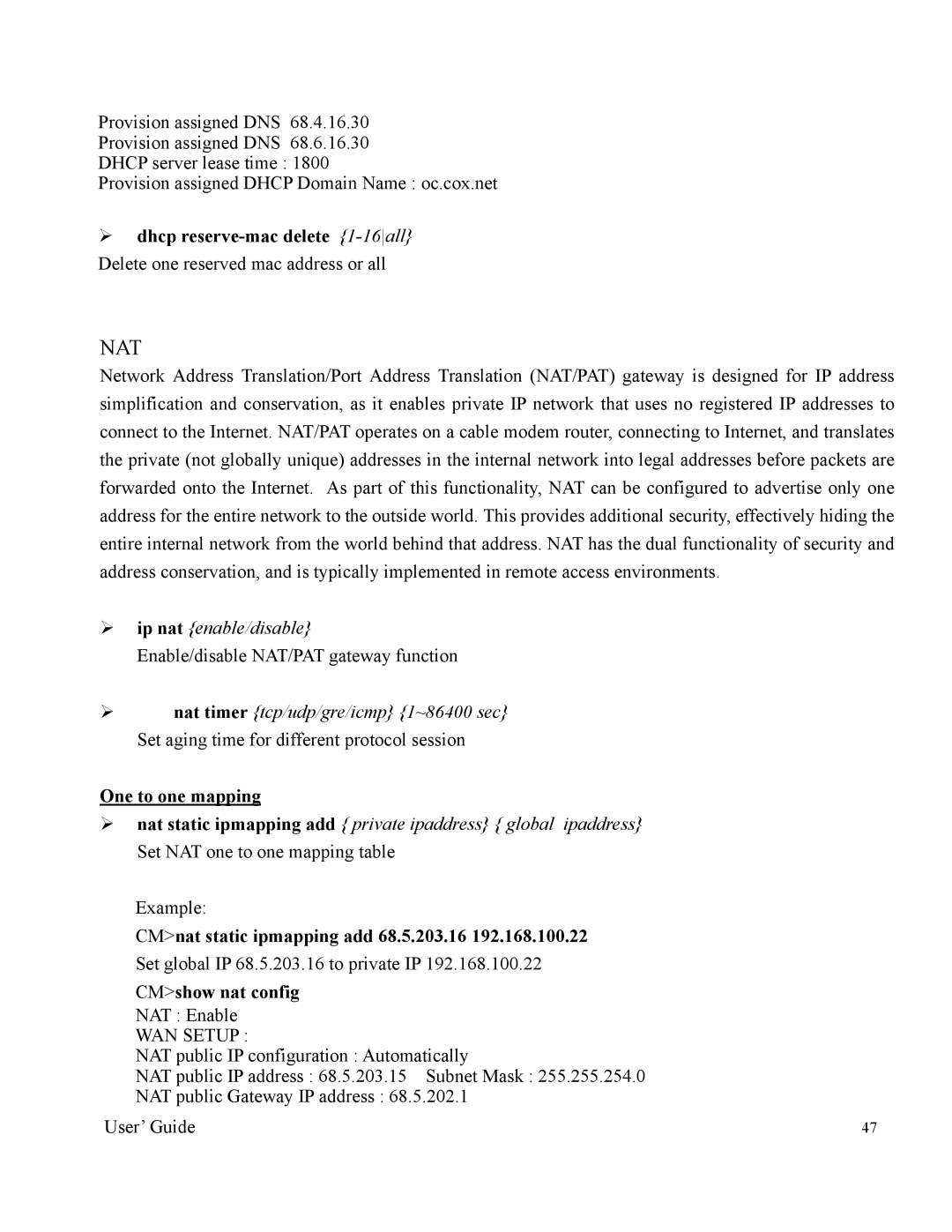 Orion 2000 manual One to one mapping, CMnat static ipmapping add 68.5.203.16 