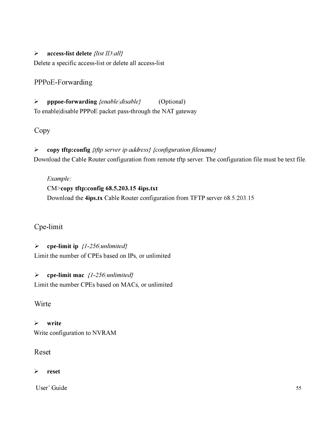 Orion 2000 manual ¾ access-list delete list IDall, ¾ pppoe-forwarding enabledisable Optional, ¾ write, ¾ reset 