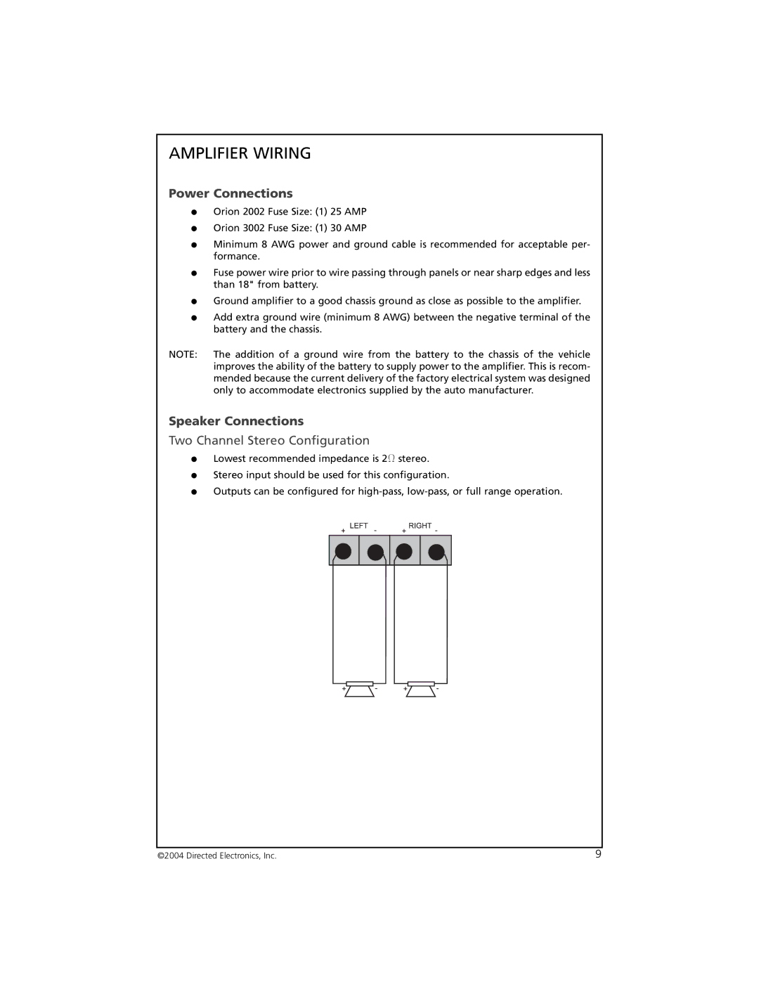 Orion 2002 manual Amplifier Wiring, Power Connections, Speaker Connections 