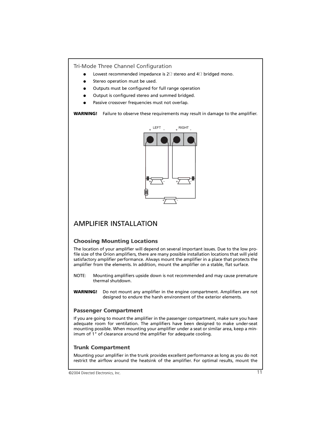 Orion 2002 manual Amplifier Installation, Choosing Mounting Locations, Passenger Compartment, Trunk Compartment 