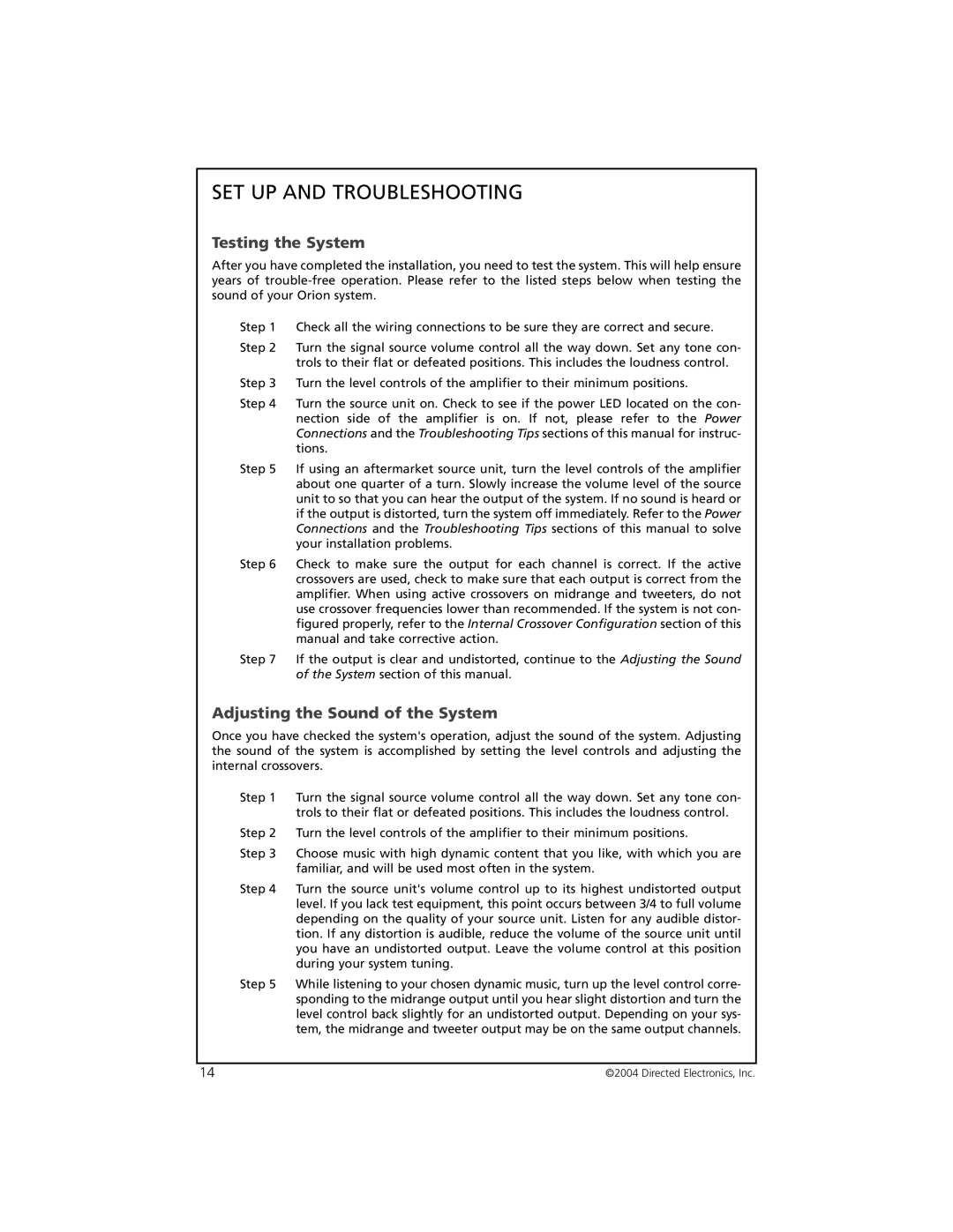 Orion 2002 manual SET UP and Troubleshooting, Testing the System, Adjusting the Sound of the System 
