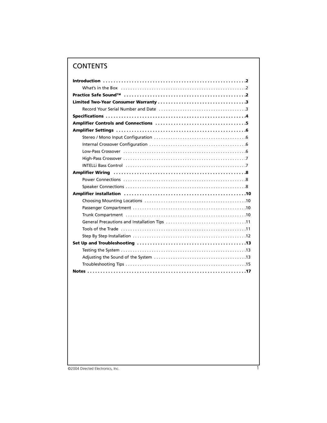 Orion 2002 manual Contents 