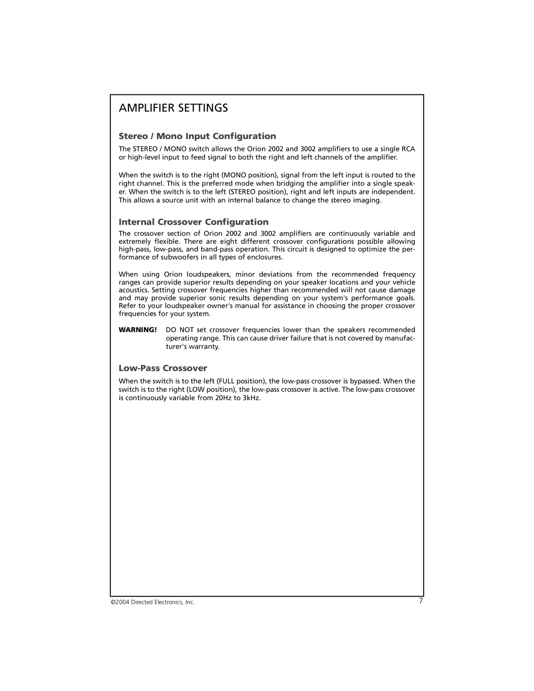 Orion 2002 Amplifier Settings, Stereo / Mono Input Configuration, Internal Crossover Configuration, Low-Pass Crossover 