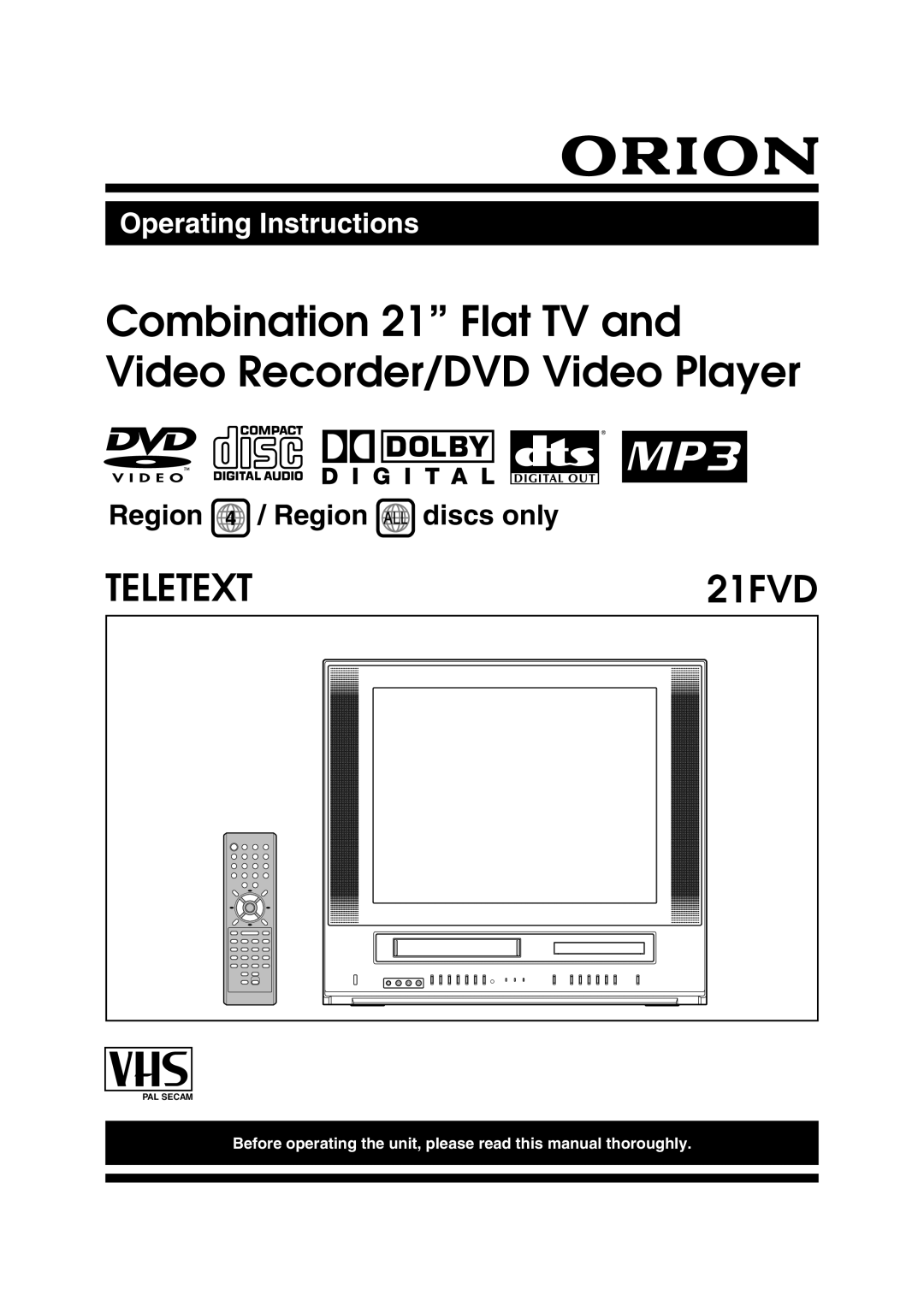 Orion 21FVD manual Combination 21 Flat TV and Video Recorder/DVD Video Player 