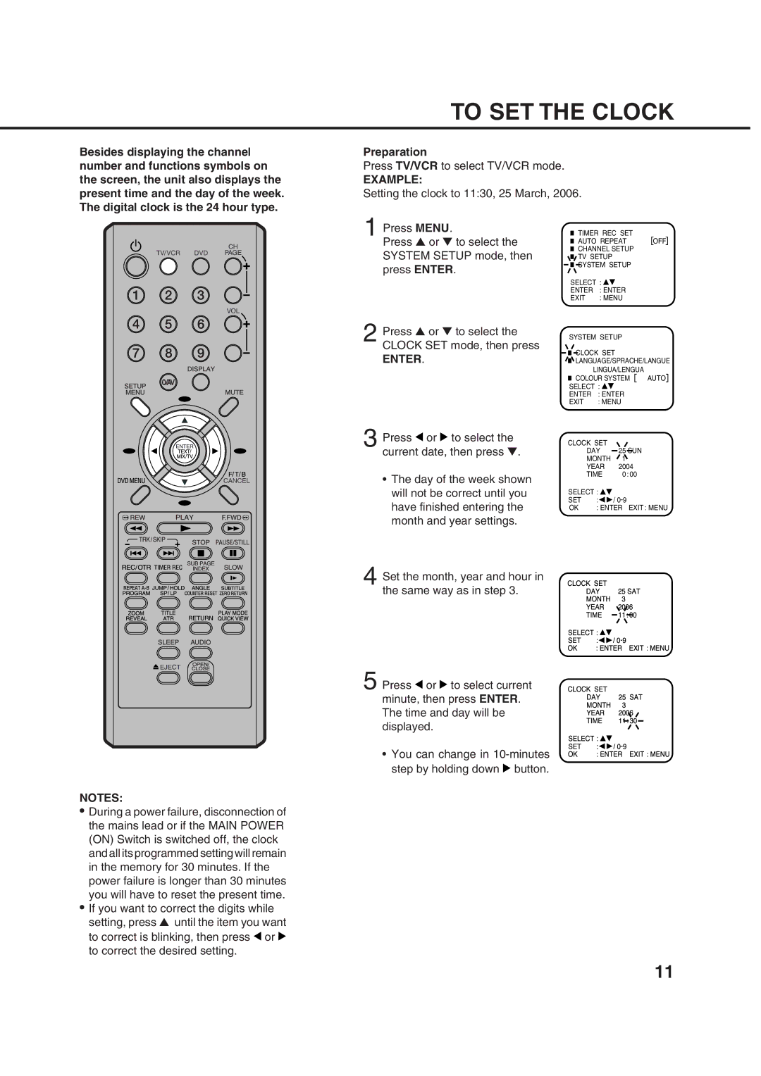 Orion 21FVD manual To SET the Clock, Example 