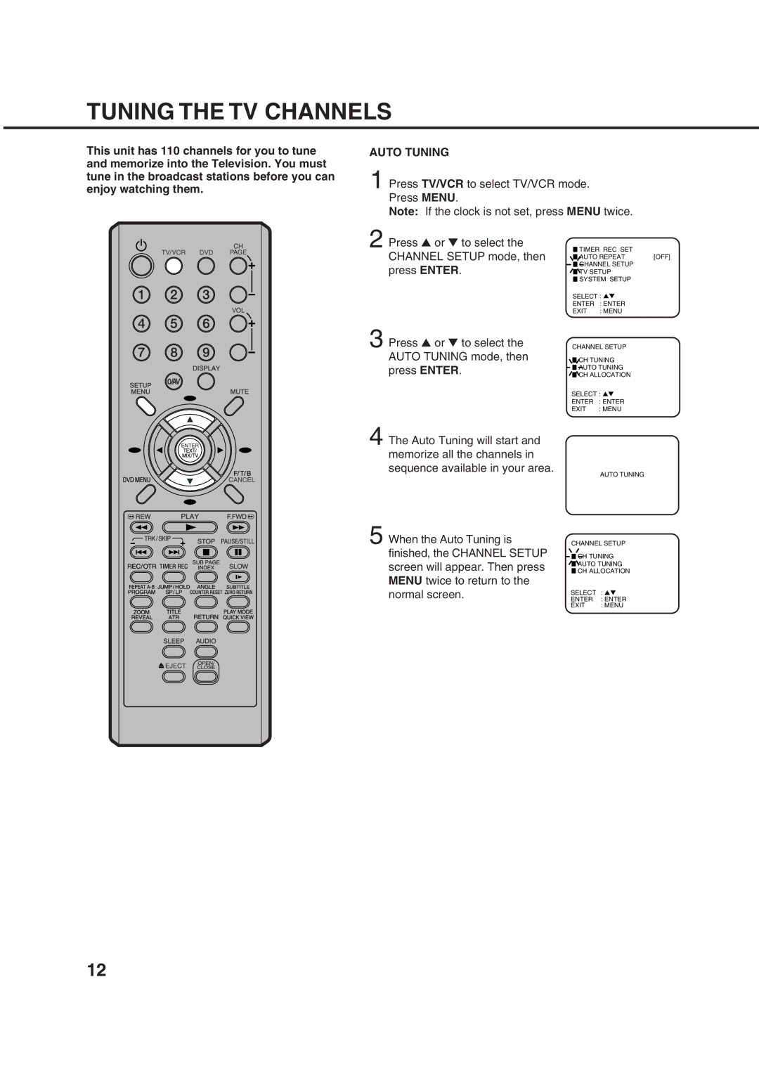 Orion 21FVD manual Tuning the TV Channels, Auto Tuning 