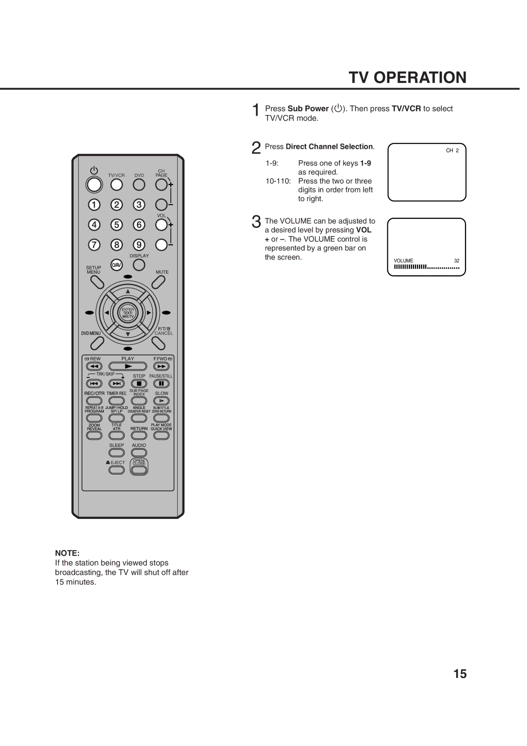 Orion 21FVD manual TV Operation, Press Sub Power . Then press TV/VCR to select TV/VCR mode 