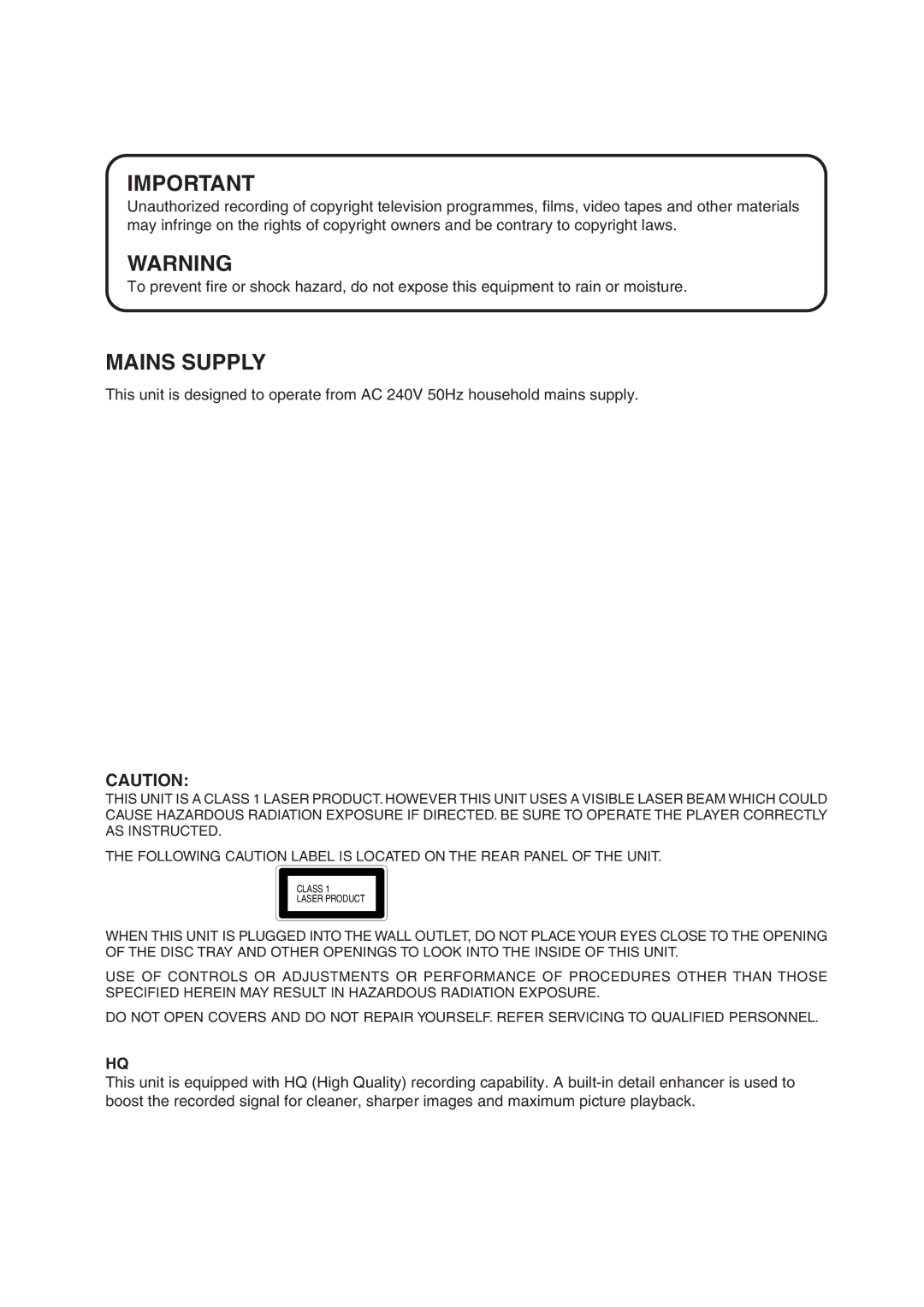 Orion 21FVD manual Mains Supply 