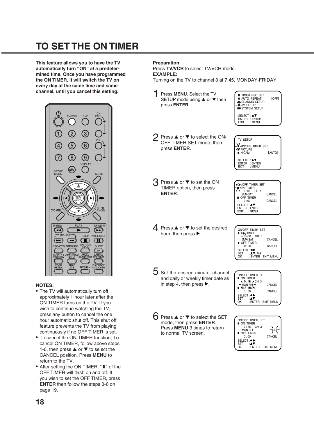 Orion 21FVD manual To SET the on Timer, Turning on the TV to channel 3 at 745, MONDAY-FRIDAY 