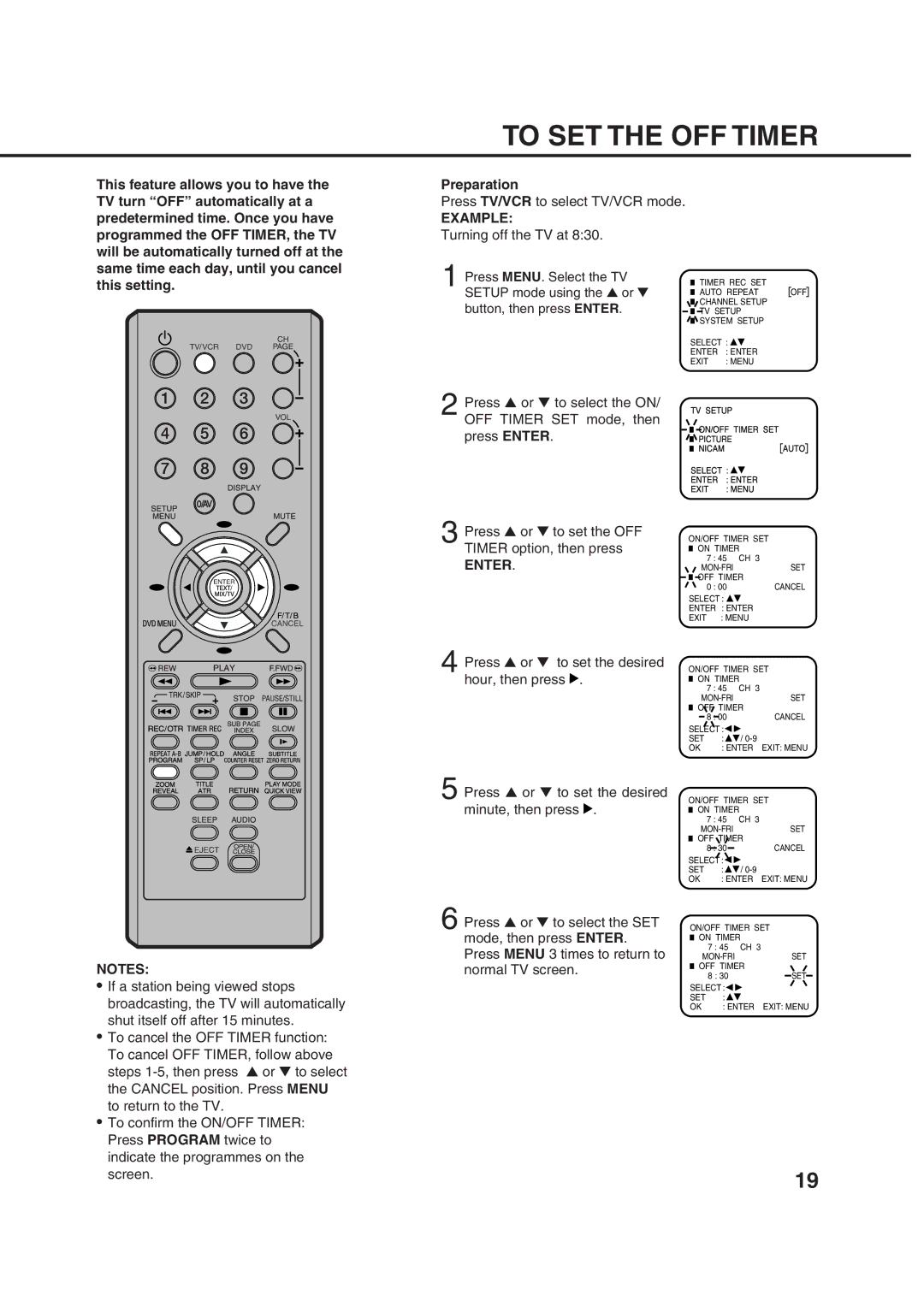 Orion 21FVD manual To SET the OFF Timer 