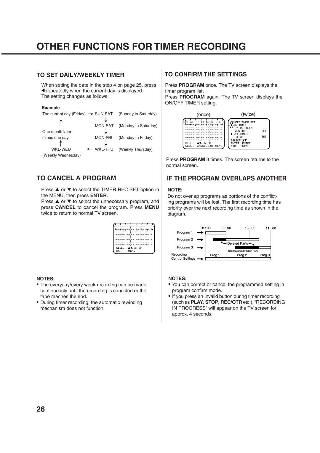 Orion 21FVD manual Other Functions for Timer Recording, To SET DAILY/WEEKLY Timer, To Confirm the Settings 