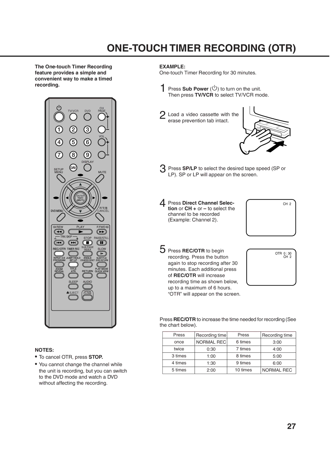 Orion 21FVD manual ONE-TOUCH Timer Recording OTR, Press Direct Channel Selec 