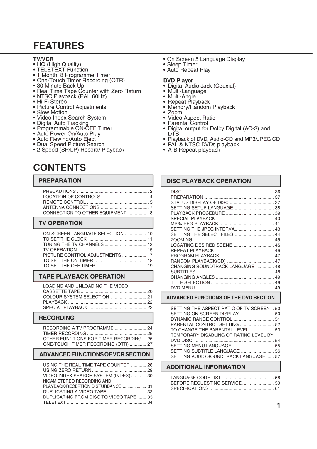 Orion 21FVD manual Features, Contents 