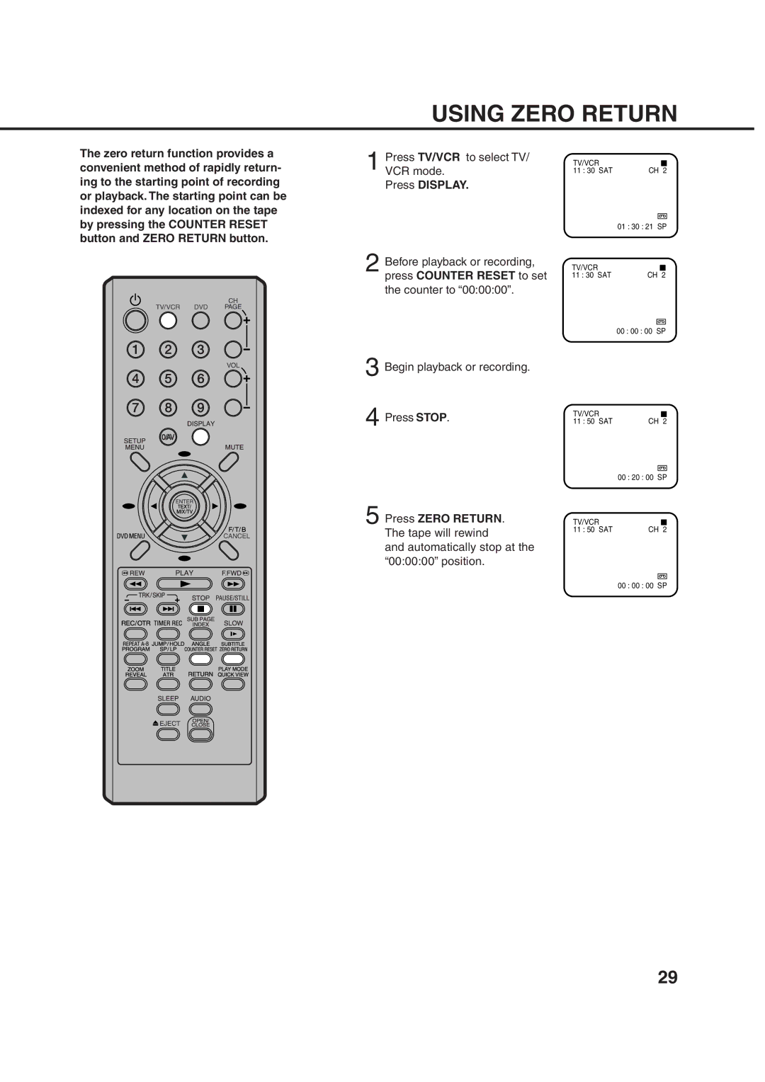 Orion 21FVD manual Using Zero Return, Press Display, Begin playback or recording Press Stop 