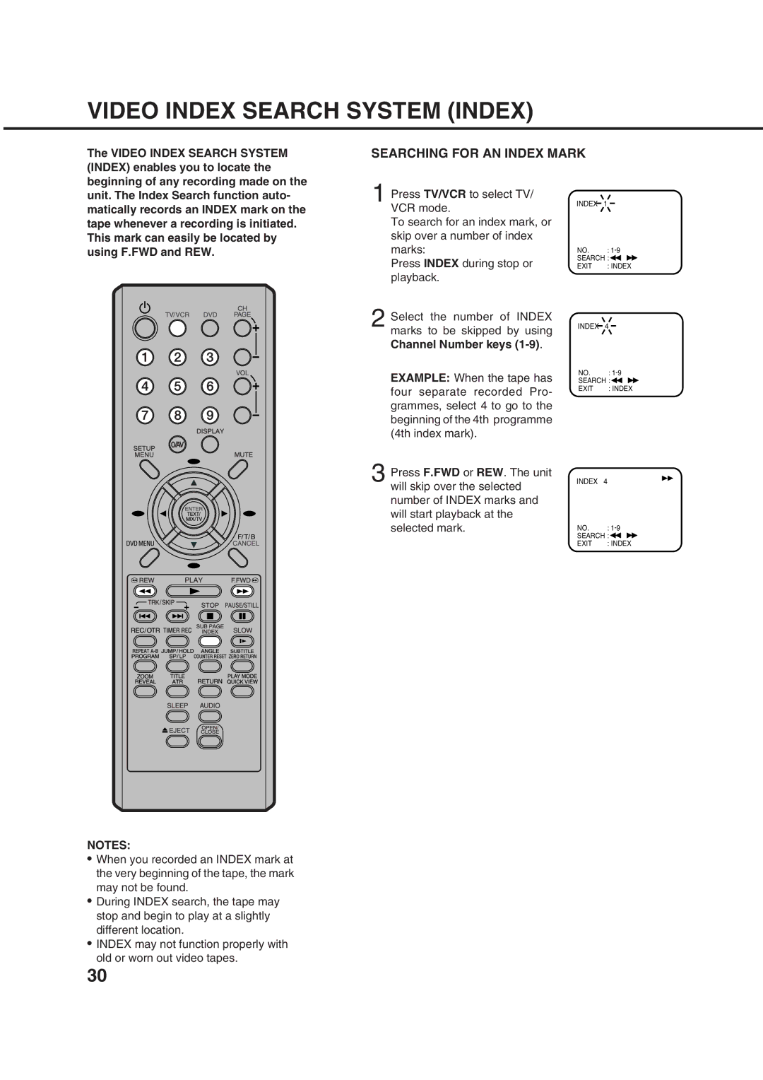 Orion 21FVD manual Video Index Search System Index, Searching for AN Index Mark 