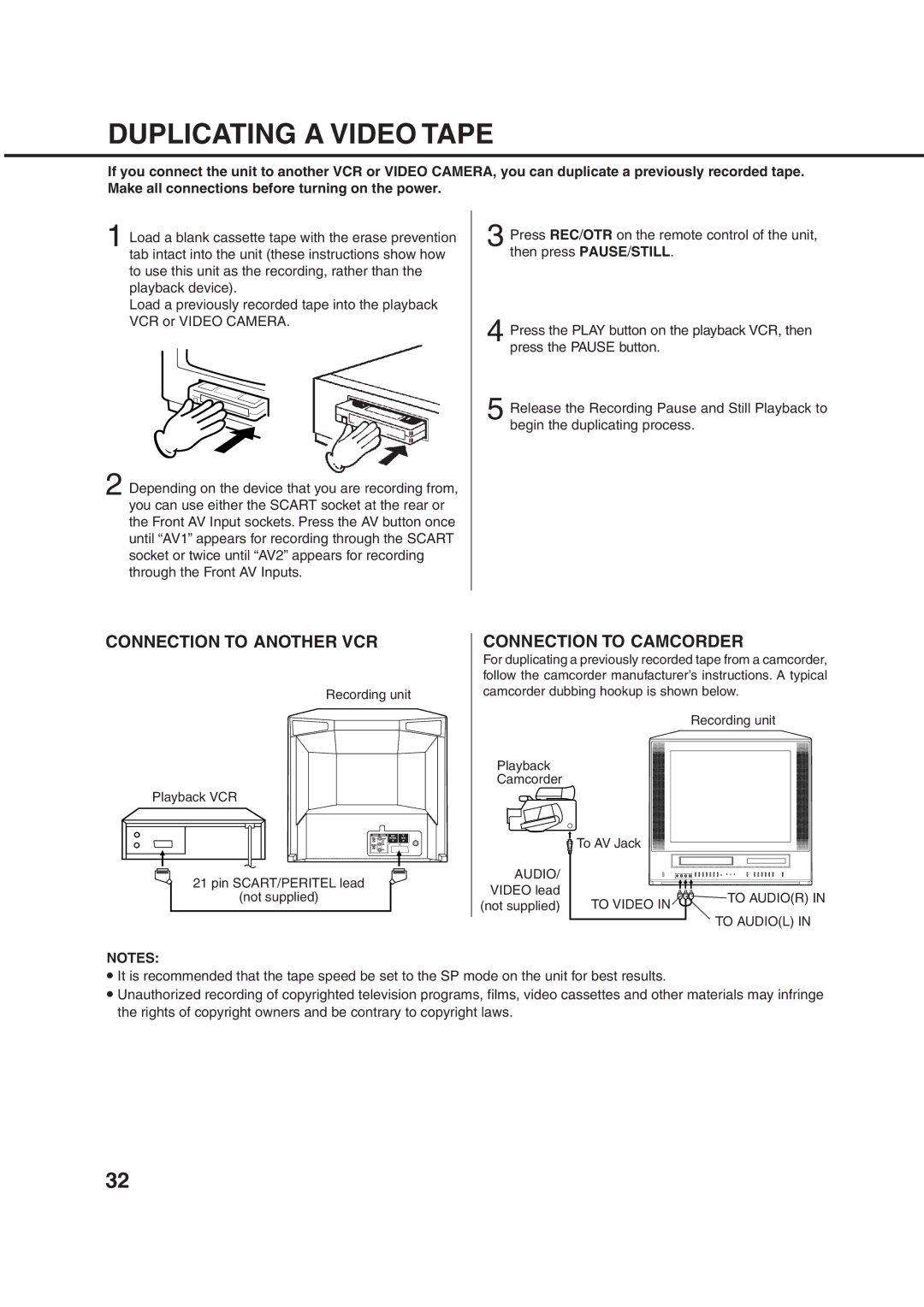 Orion 21FVD manual Duplicating a Video Tape, Connection to Another VCR, Connection to Camcorder 