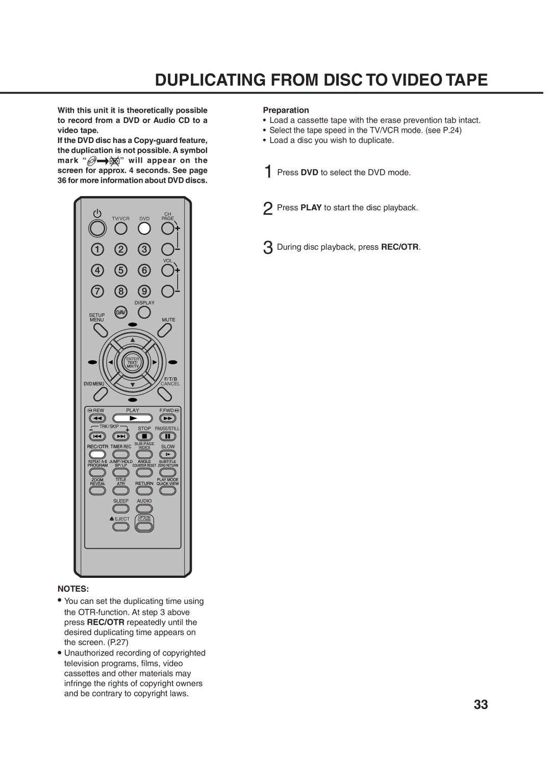 Orion 21FVD manual Duplicating from Disc to Video Tape, Preparation 