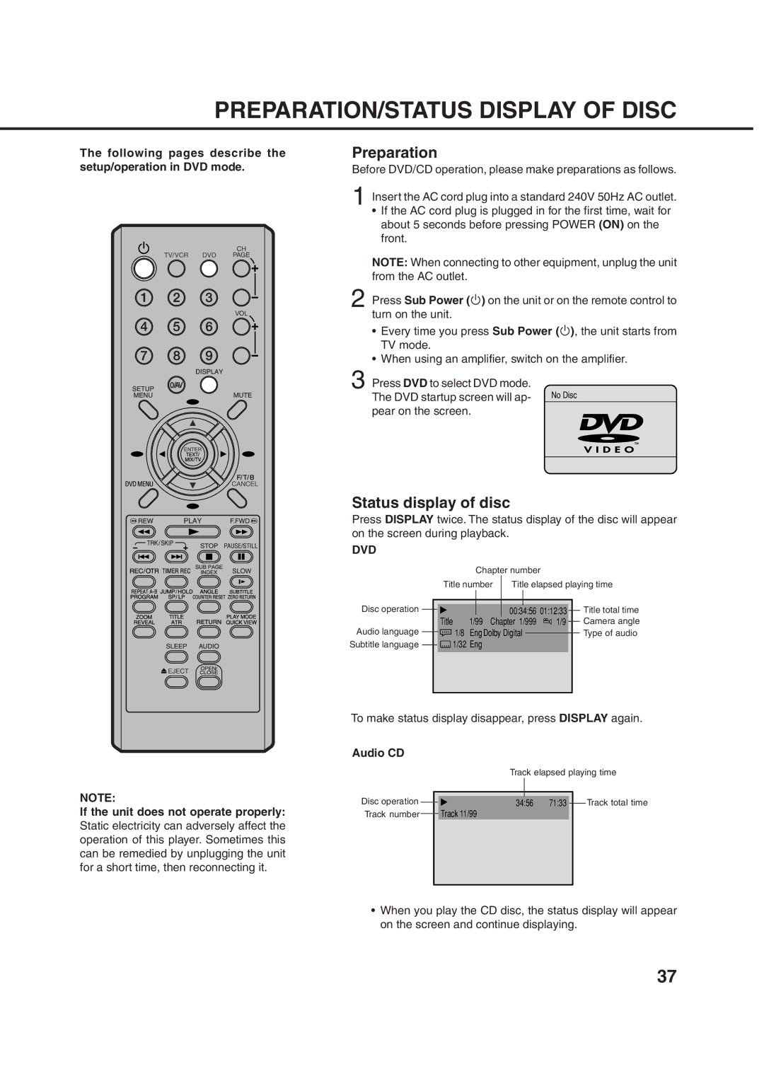 Orion 21FVD manual PREPARATION/STATUS Display of Disc, Preparation, Status display of disc, Dvd 