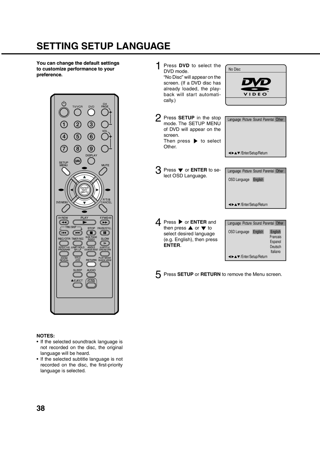 Orion 21FVD manual Setting Setup Language, Press DVD to select 