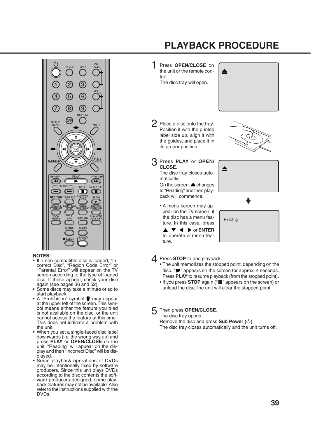 Orion 21FVD manual Playback Procedure, Press OPEN/CLOSE on the unit or the remote con- trol, Press Play or Open, Close 