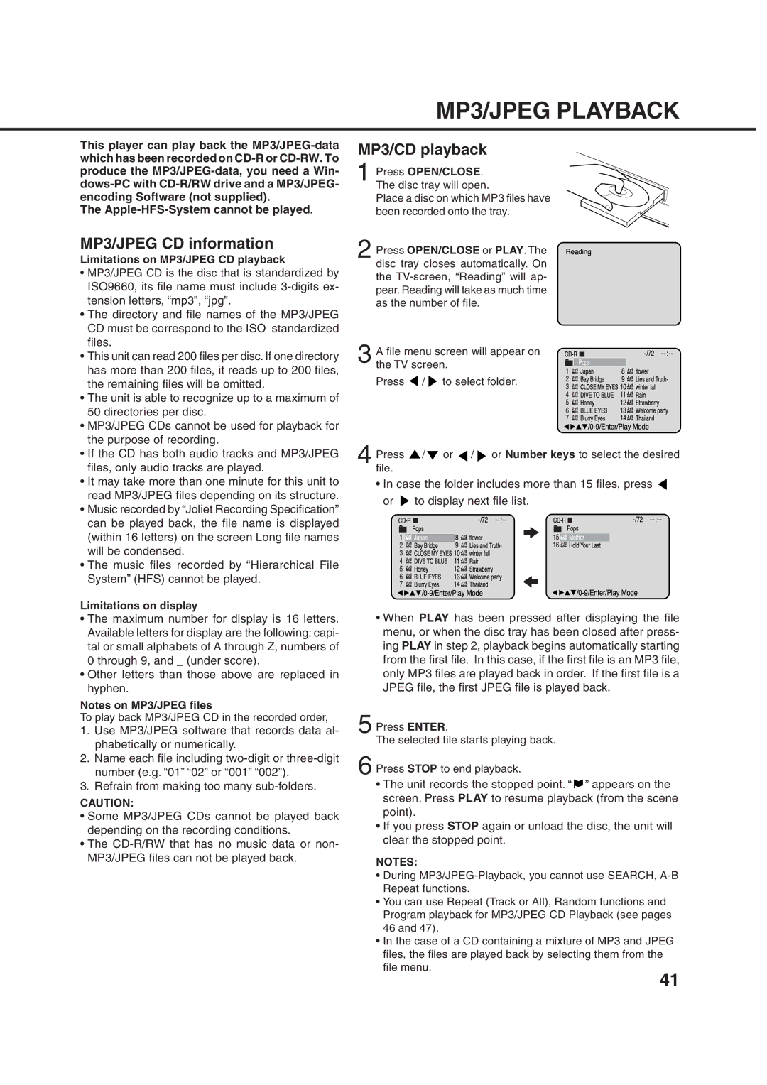 Orion 21FVD manual MP3/JPEG Playback, MP3/JPEG CD information, MP3/CD playback, List 