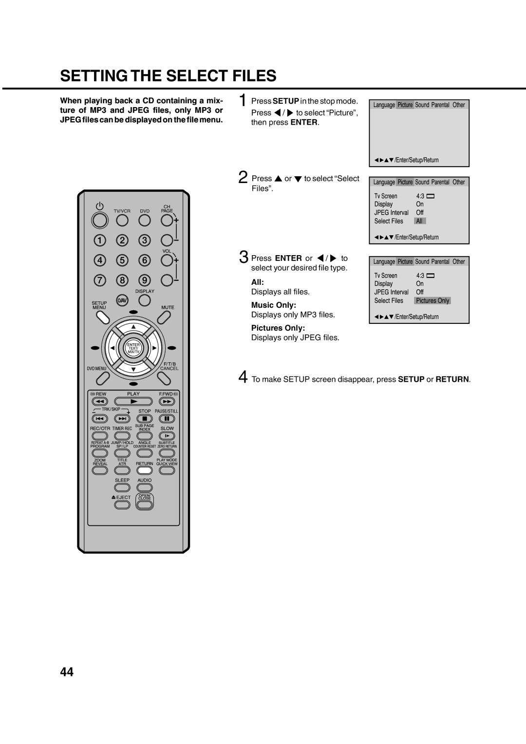 Orion 21FVD manual When playing back a CD containing a mix, Ture of MP3 and Jpeg files, only MP3 or, All 