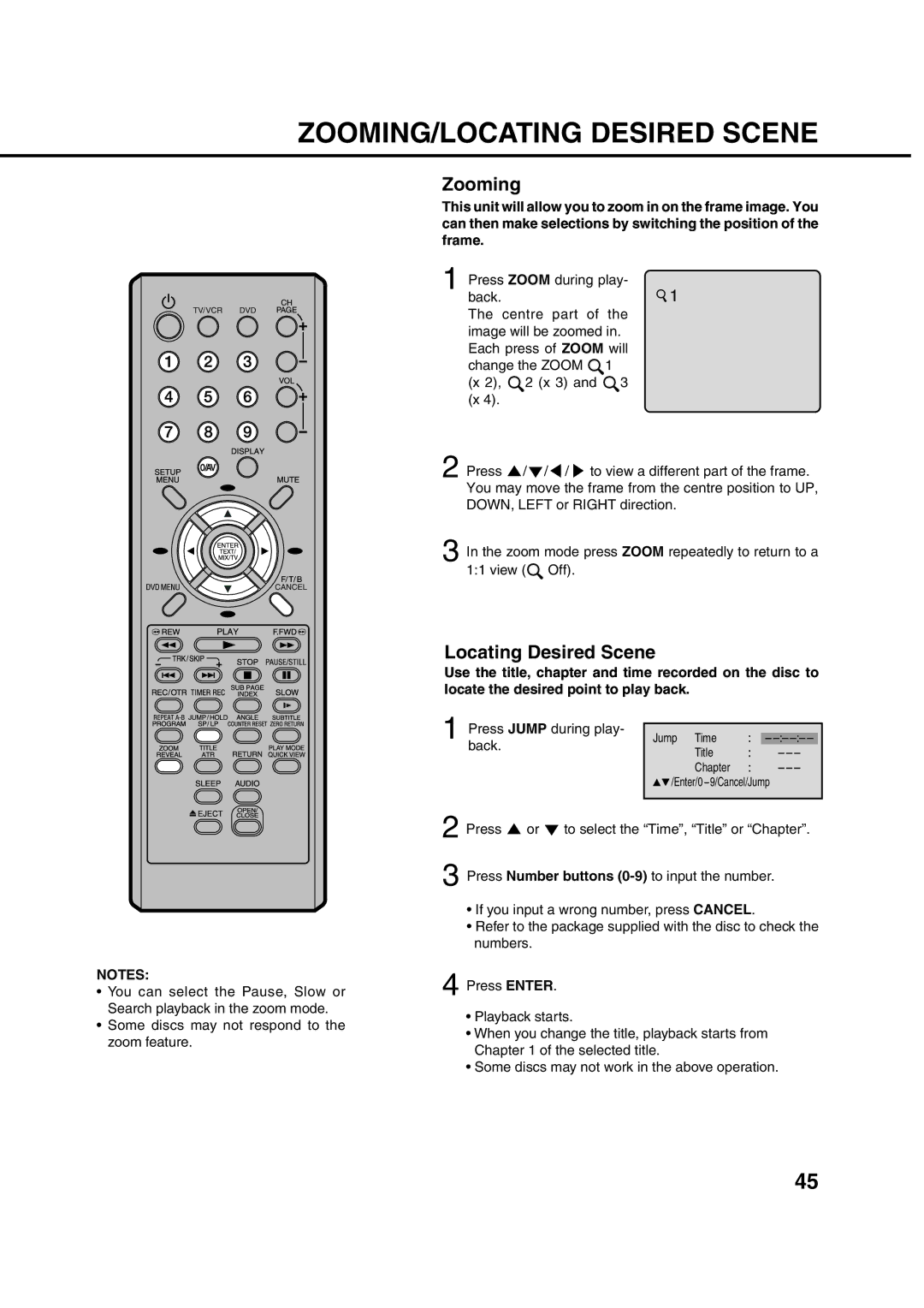 Orion 21FVD manual ZOOMING/LOCATING Desired Scene, Zooming, Locating Desired Scene 