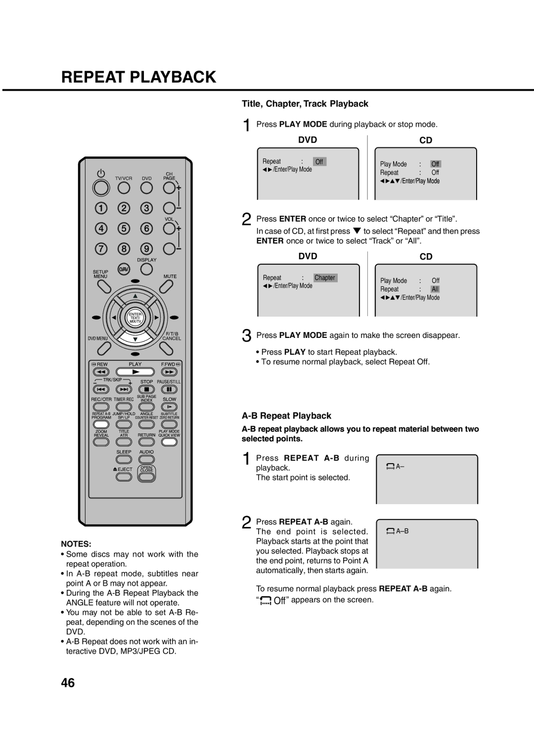 Orion 21FVD manual Repeat Playback, Title, Chapter, Track Playback, Press Play Mode during playback or stop mode 