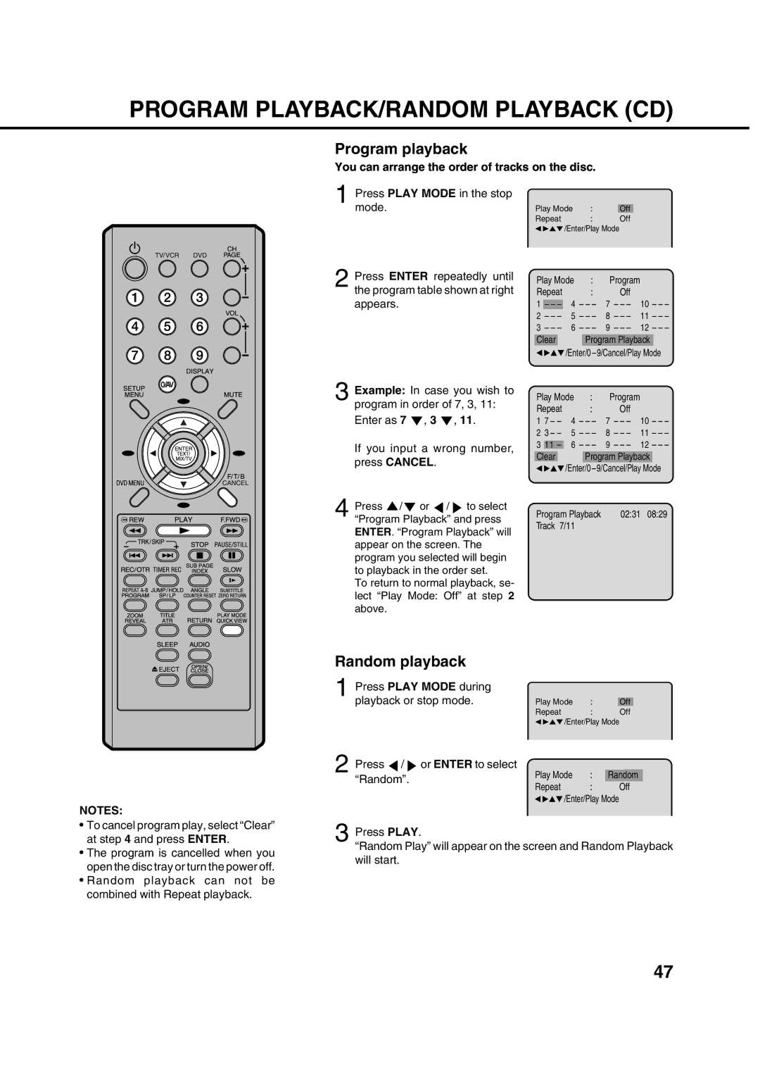 Orion 21FVD manual Program PLAYBACK/RANDOM Playback CD, Program playback, Random playback 