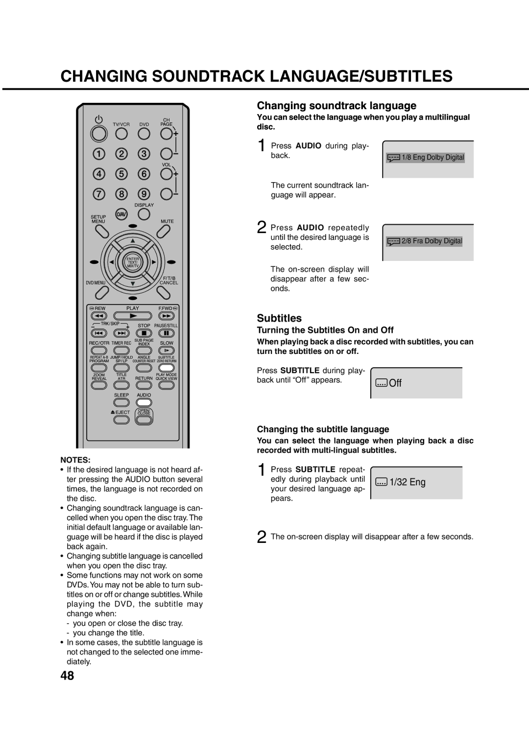 Orion 21FVD manual Changing Soundtrack LANGUAGE/SUBTITLES, Changing soundtrack language, Subtitles 