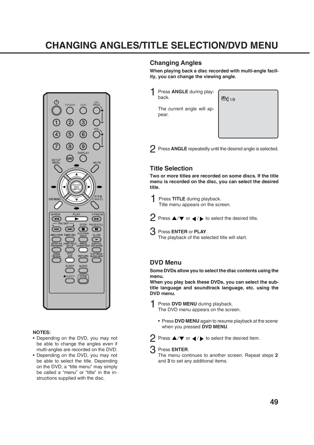 Orion 21FVD manual Changing ANGLES/TITLE SELECTION/DVD Menu, Changing Angles, Title Selection 