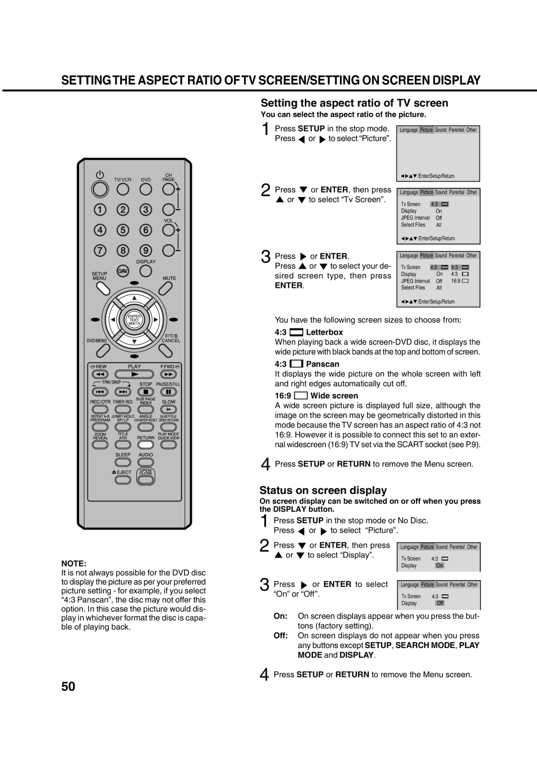 Orion 21FVD manual Setting the aspect ratio of TV screen, Status on screen display, Letterbox, Panscan, Wide screen 