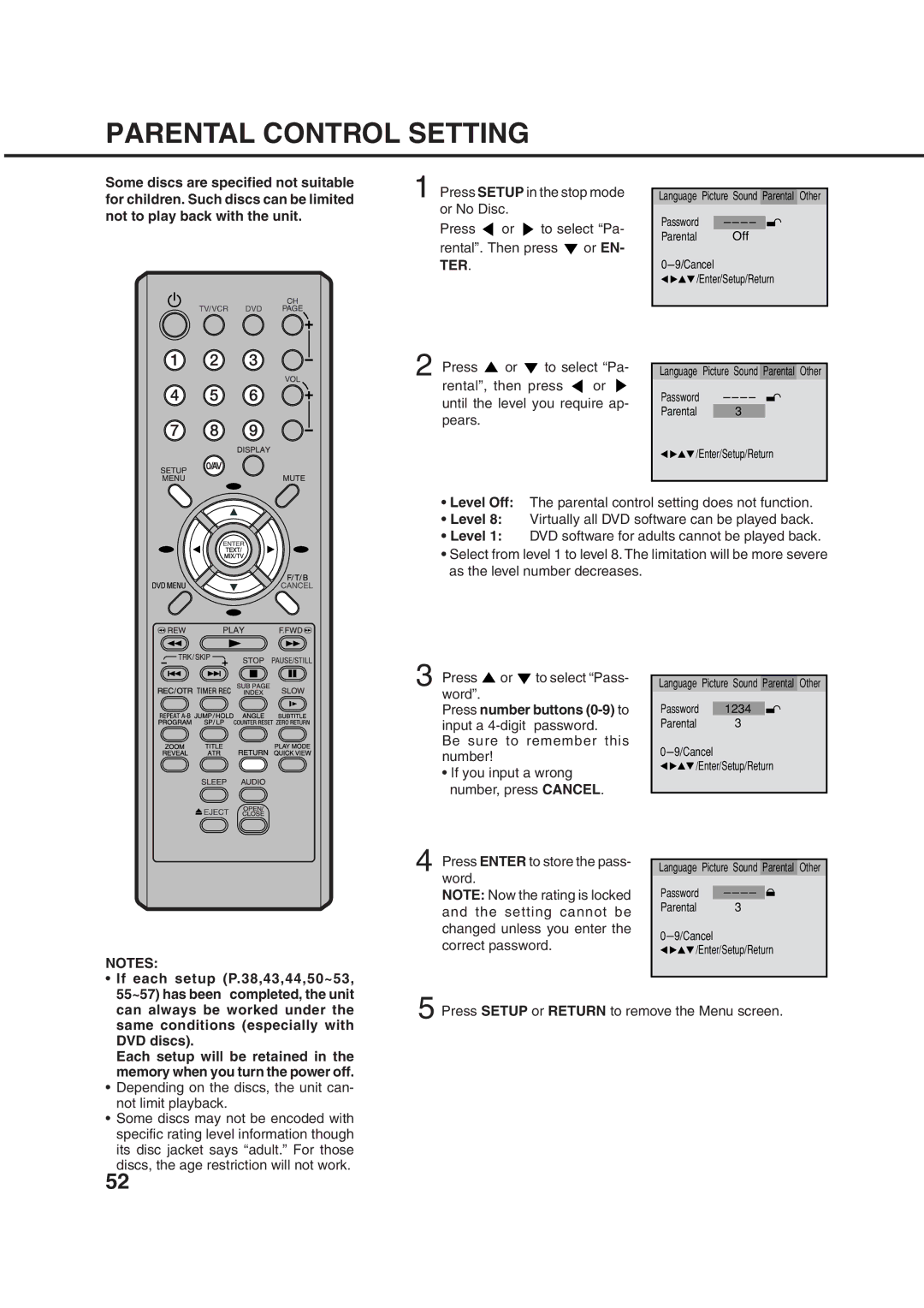 Orion 21FVD manual Parental Control Setting, Ter, Press number buttons 0-9 to input a 4-digit password 