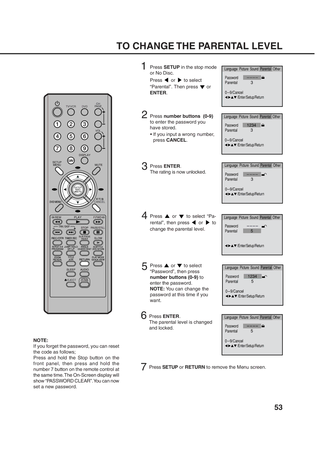 Orion 21FVD manual To Change the Parental Level, Number buttons 0-9 to 