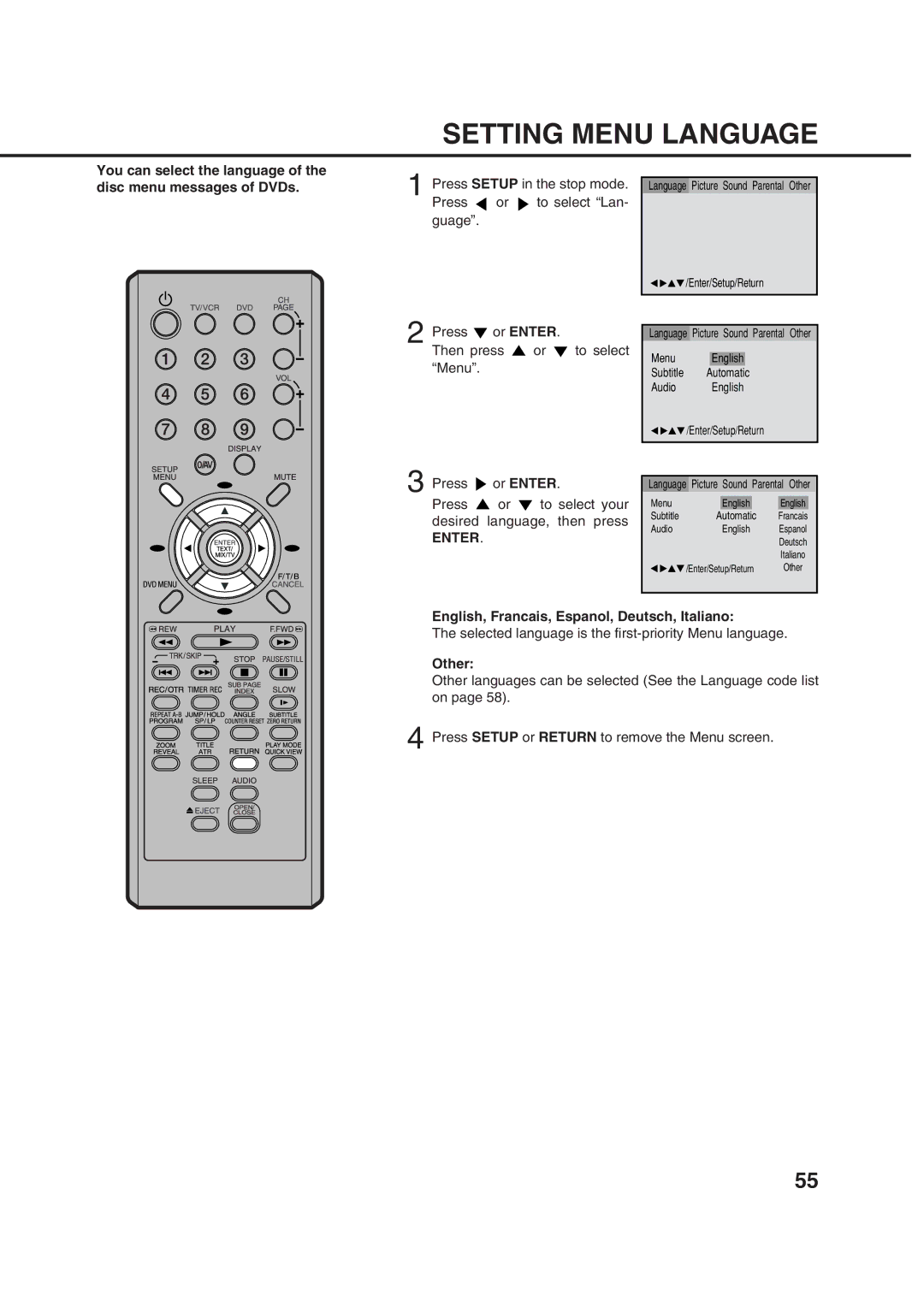 Orion 21FVD manual Setting Menu Language, Or Enter, English, Francais, Espanol, Deutsch, Italiano, Other 