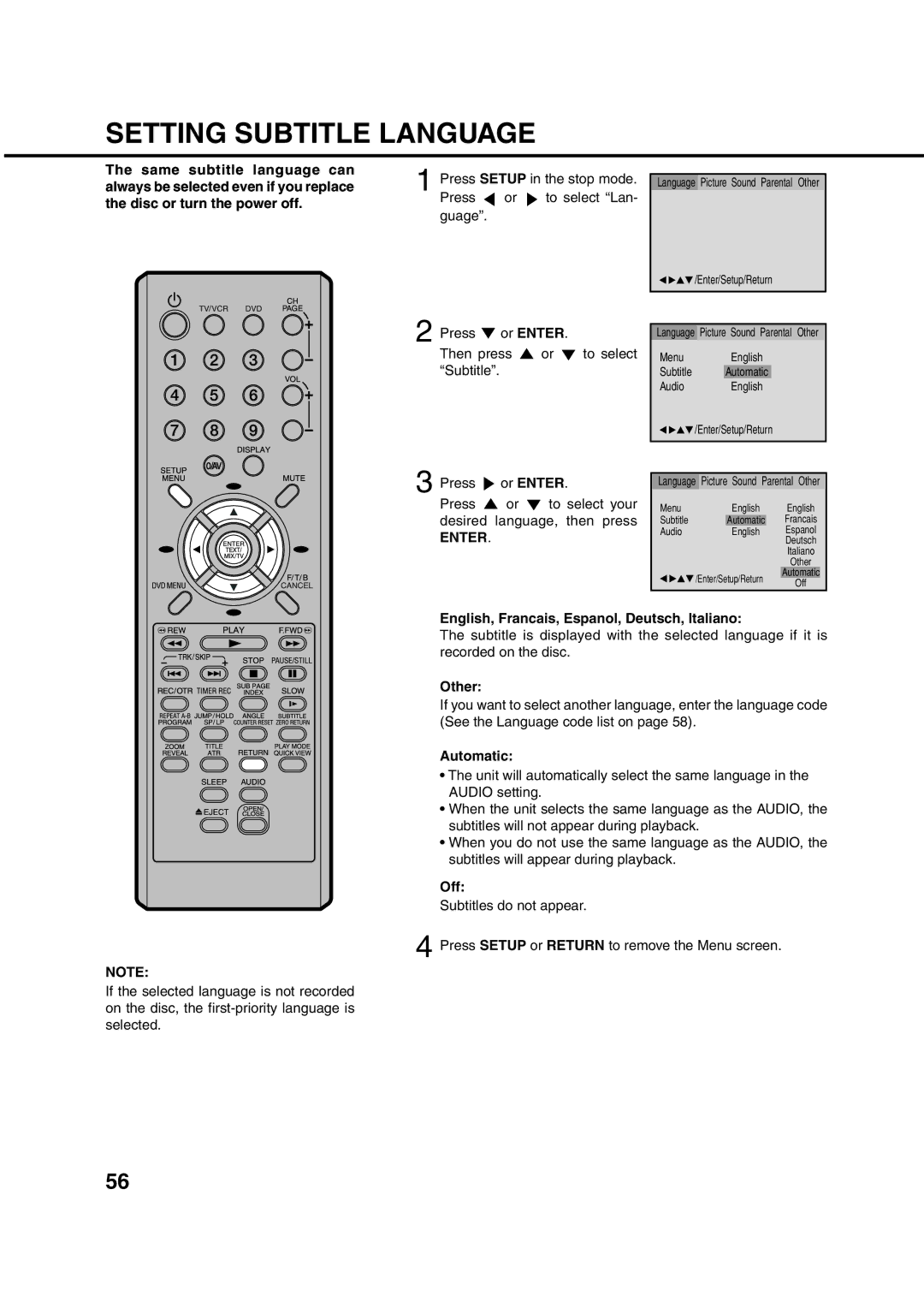 Orion 21FVD manual Setting Subtitle Language, Press or Enter Then press To select Subtitle, Automatic 