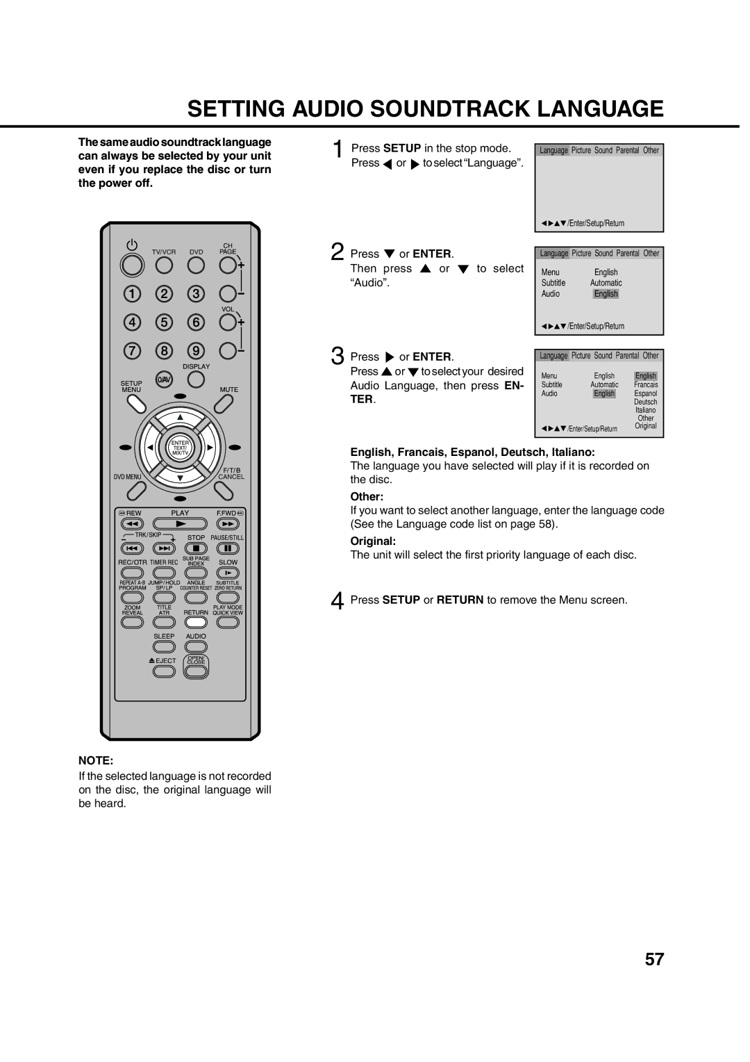 Orion 21FVD manual Setting Audio Soundtrack Language, Then Press To select Audio, Original 