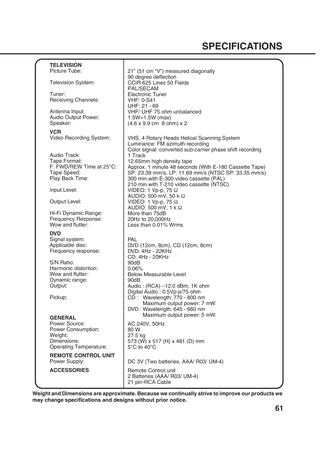 Orion 21FVD manual Specifications, Television 