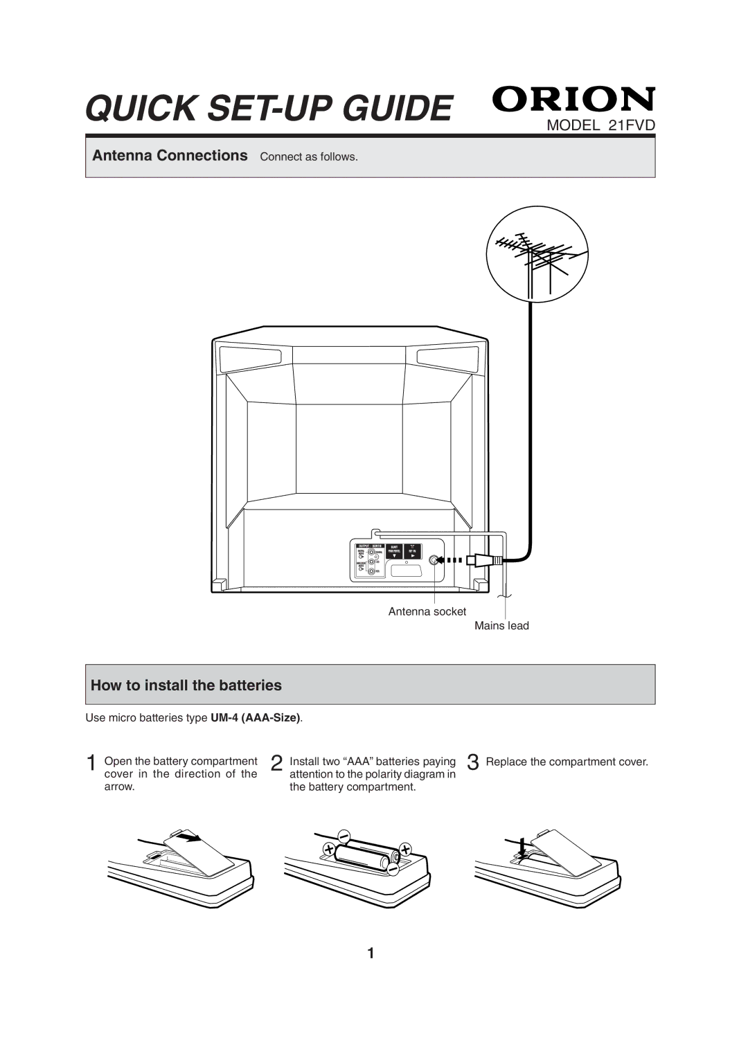 Orion 21FVD manual Antenna Connections Connect as follows, How to install the batteries, Antenna socket Mains lead 