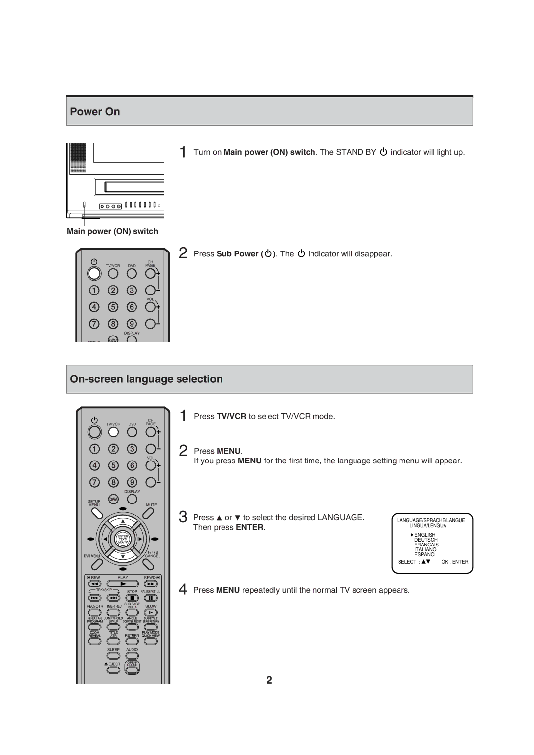 Orion 21FVD manual Power On, On-screen language selection, Main power on switch 