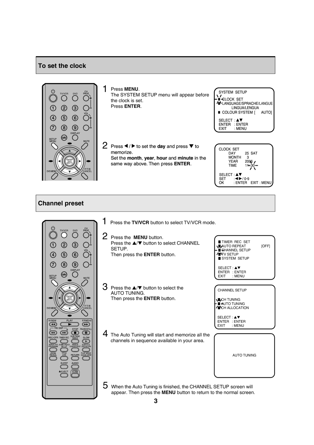 Orion 21FVD manual To set the clock, Channel preset, Press the / button to select 