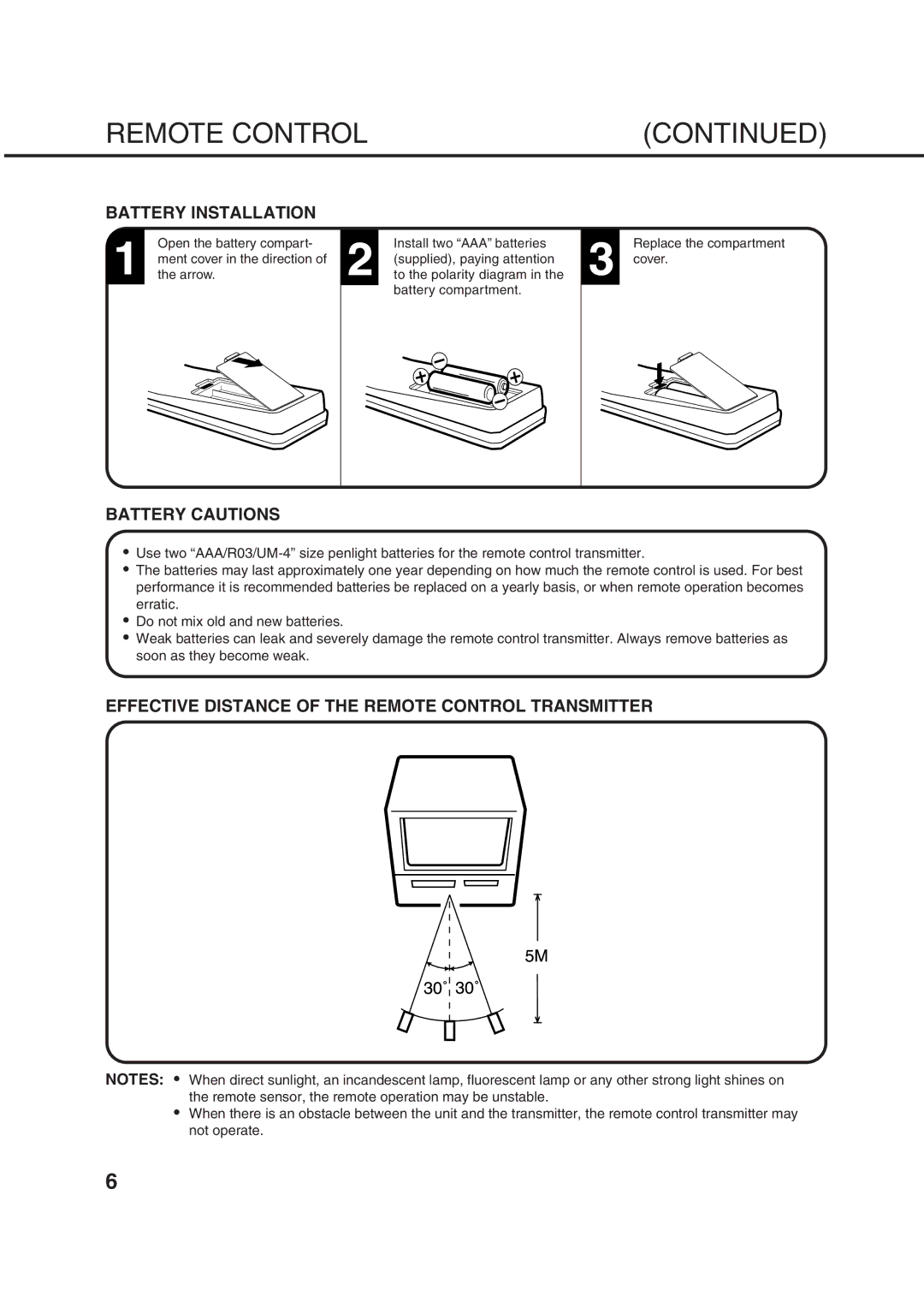 Orion 21FVD manual Battery Installation, Battery Cautions, Effective Distance of the Remote Control Transmitter 