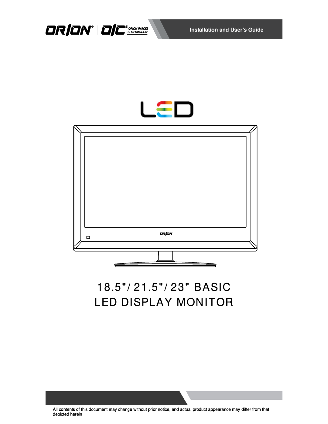 Orion 23REDB manual Installation and User’s Guide, 18.5/ 21.5/ 23 BASIC LED DISPLAY MONITOR 