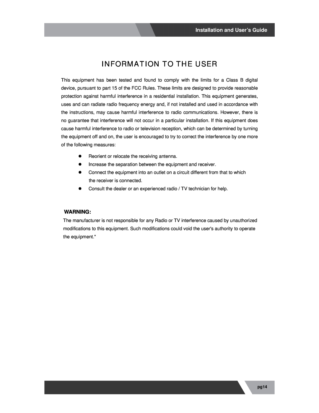 Orion 23REDB manual Information To The User, Installation and User’s Guide 