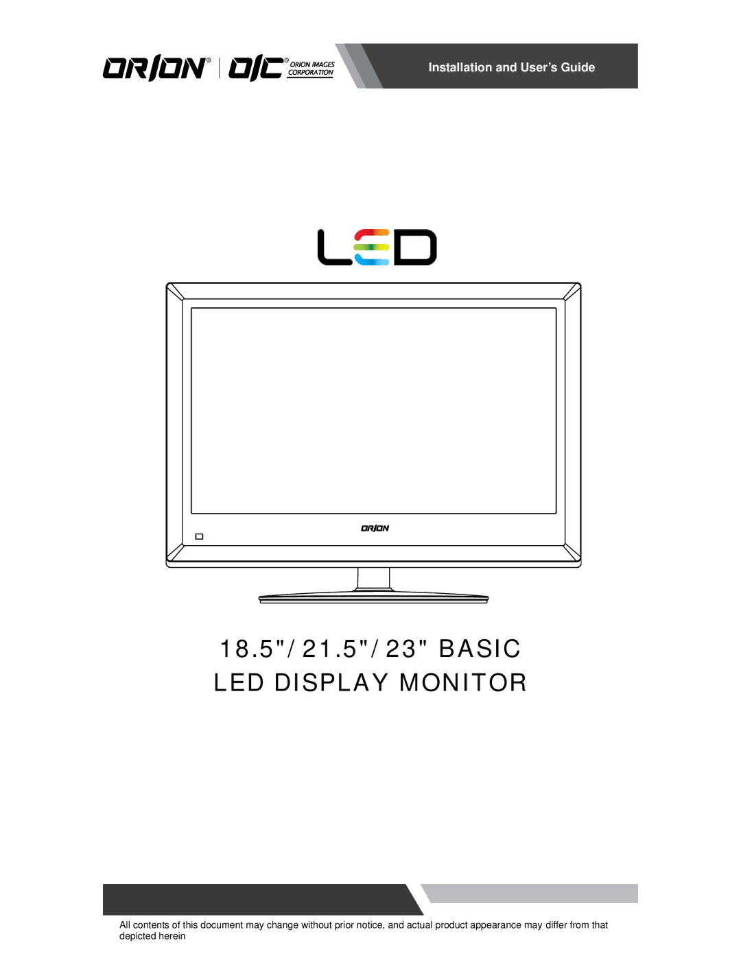 Orion 23REDB manual 18.5/ 21.5/ 23 Basic LED Display Monitor 